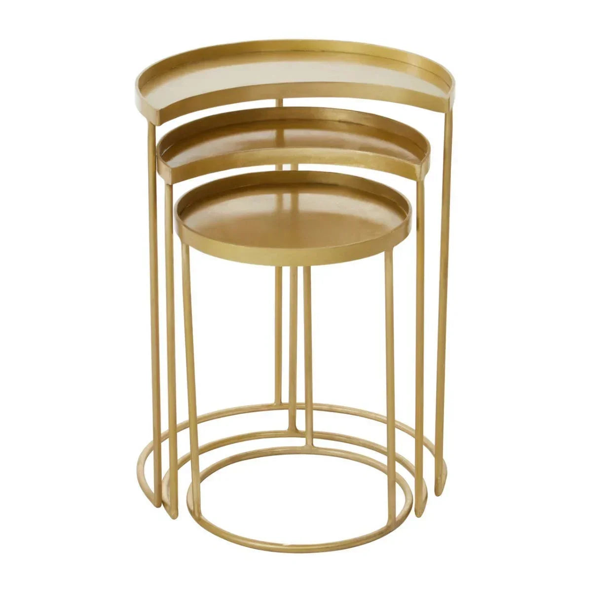 Gold metal nesting tables set with round trays and slim legs