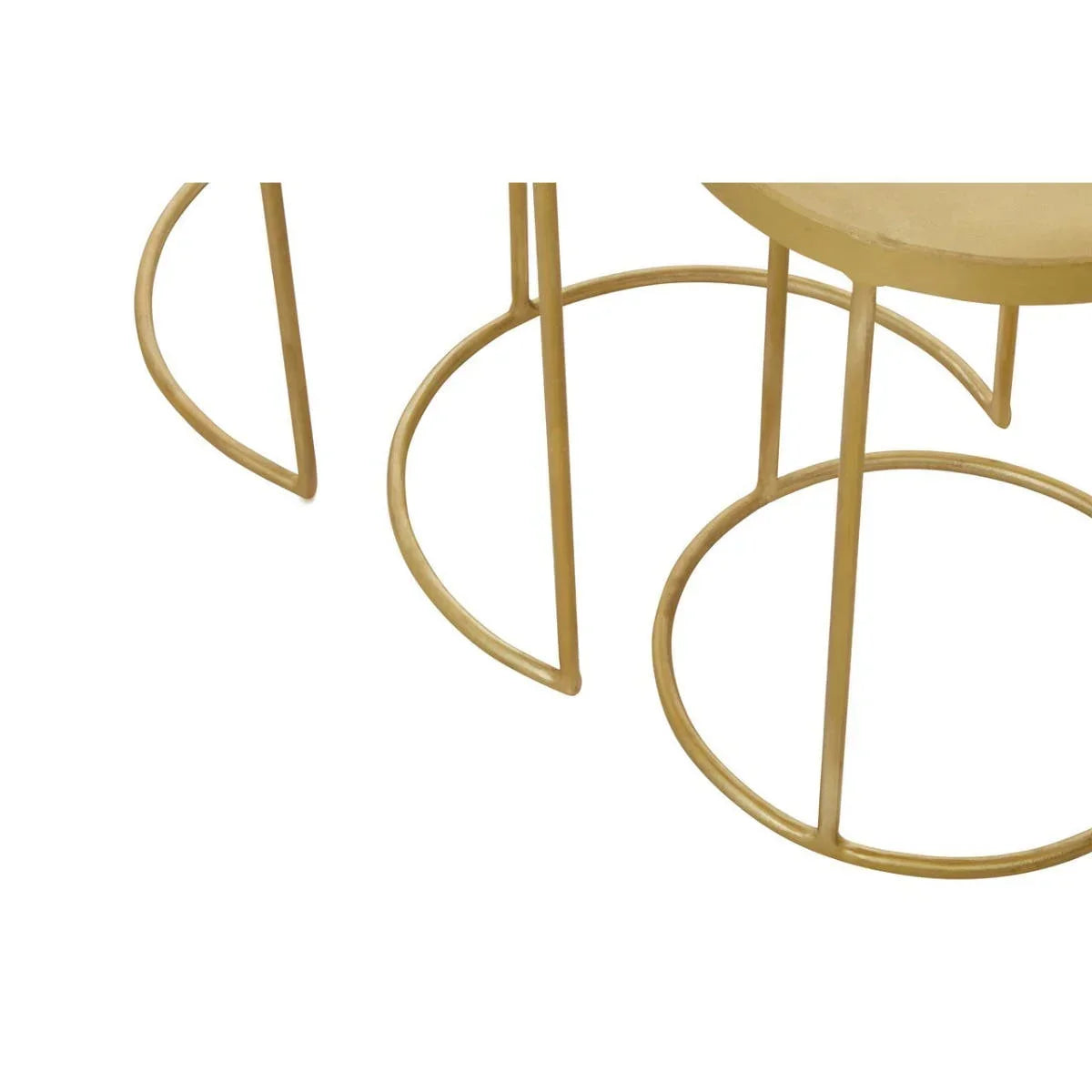Gold metal nesting table legs with circular base detail on white background