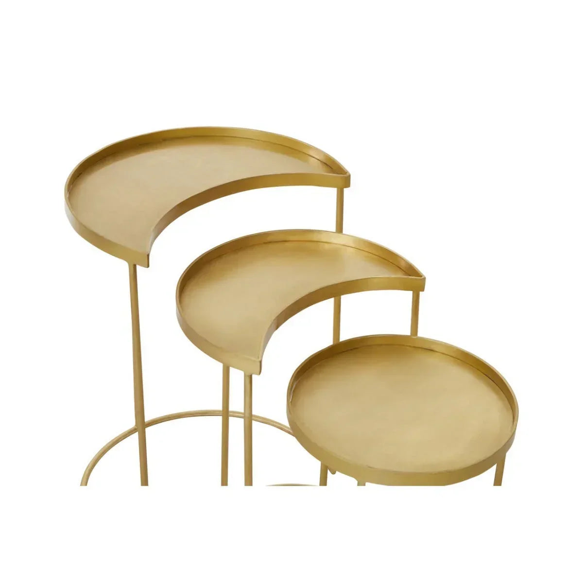 Set of three gold metal nesting side tables with round and crescent shaped tops