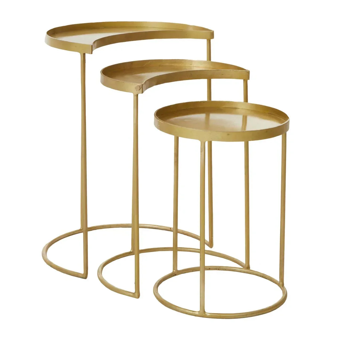 Set of three gold metal nesting side tables with round tops and open circular bases