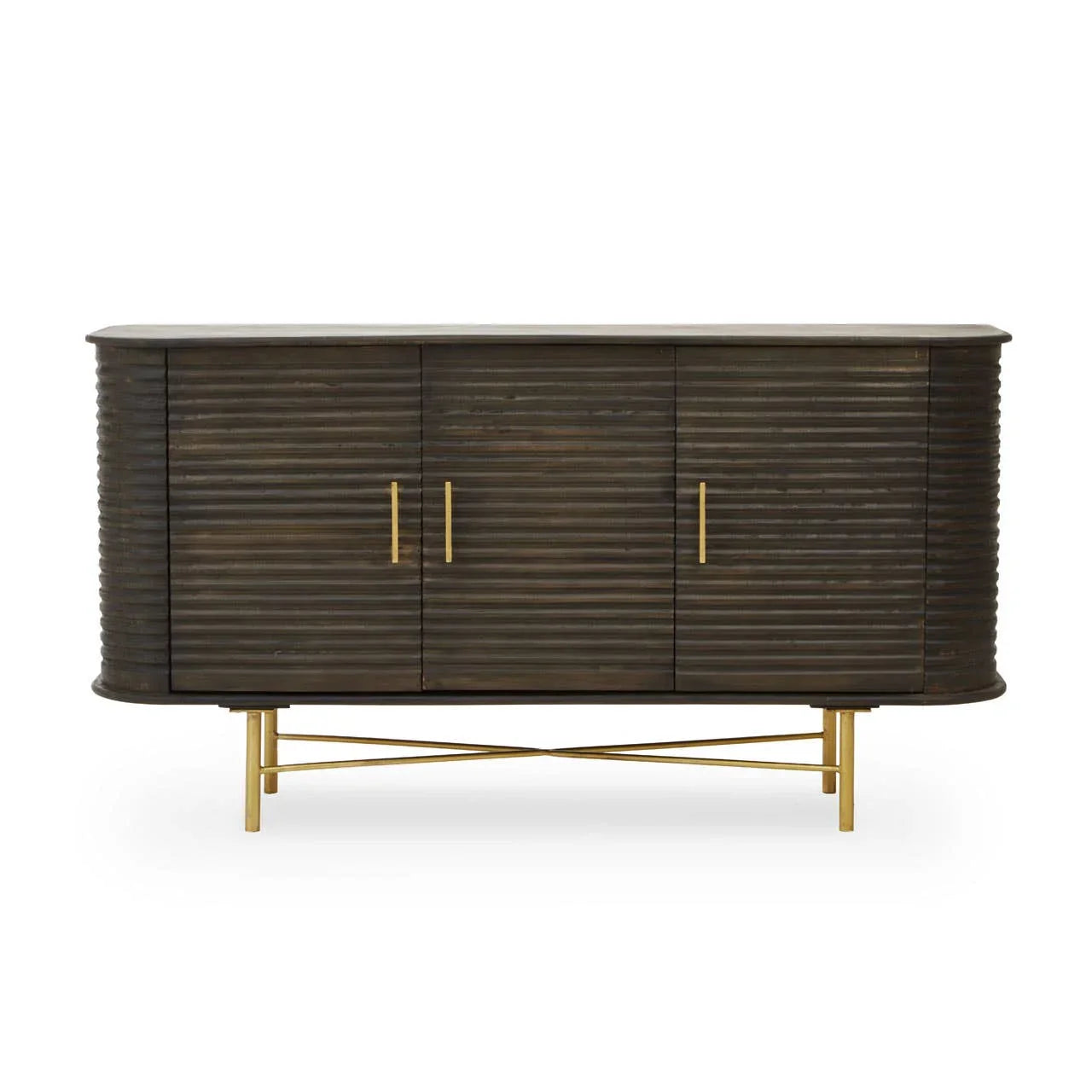 Rustic Mango Wood Sideboard with Fluted Detail and Brass Base