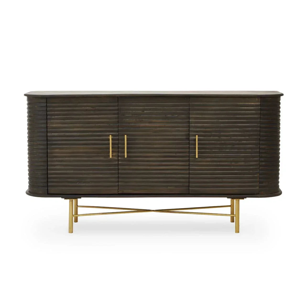 Dark wood sideboard with ribbed doors and gold metal legs and handles, front view