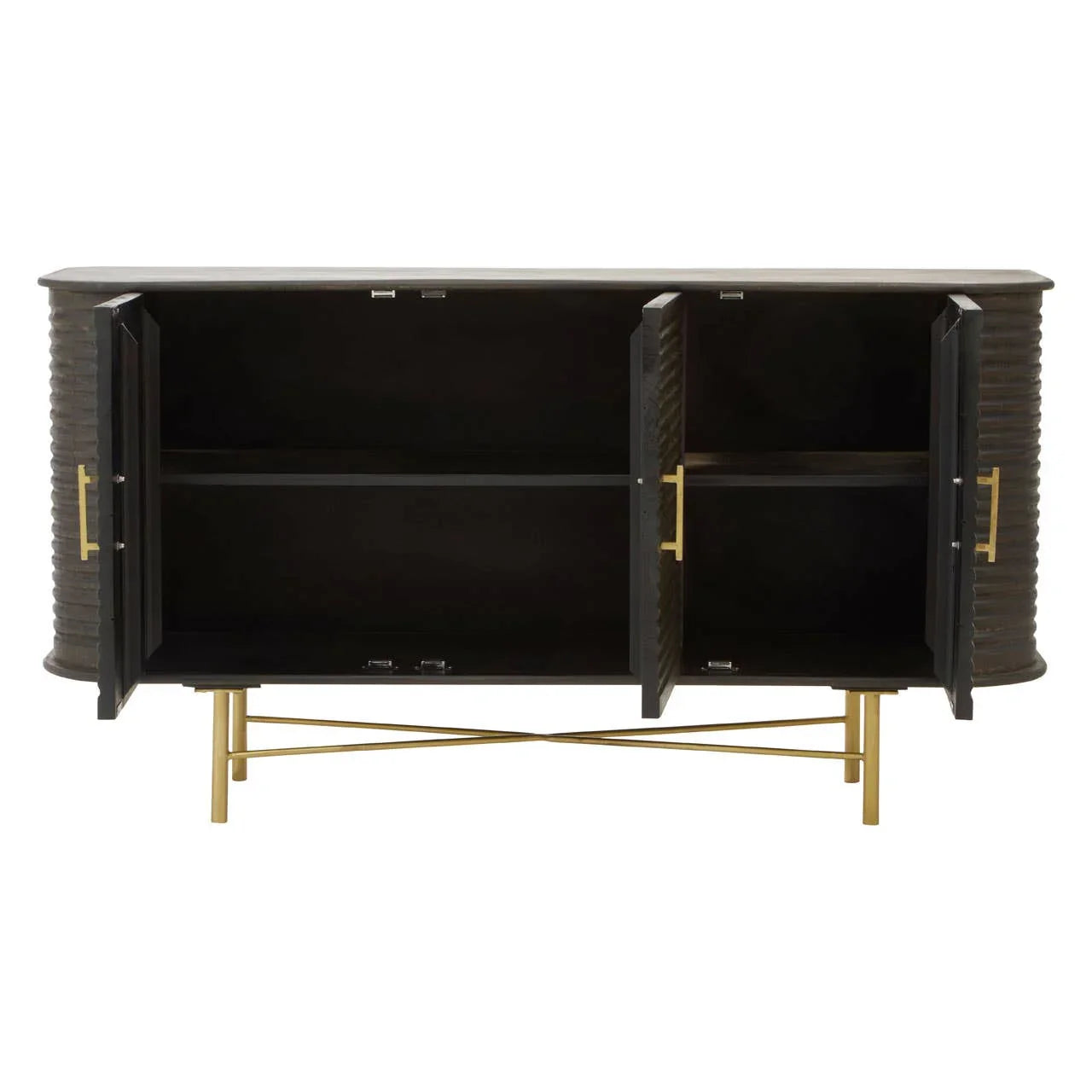 Rustic Mango Wood Sideboard with Fluted Detail and Brass Base