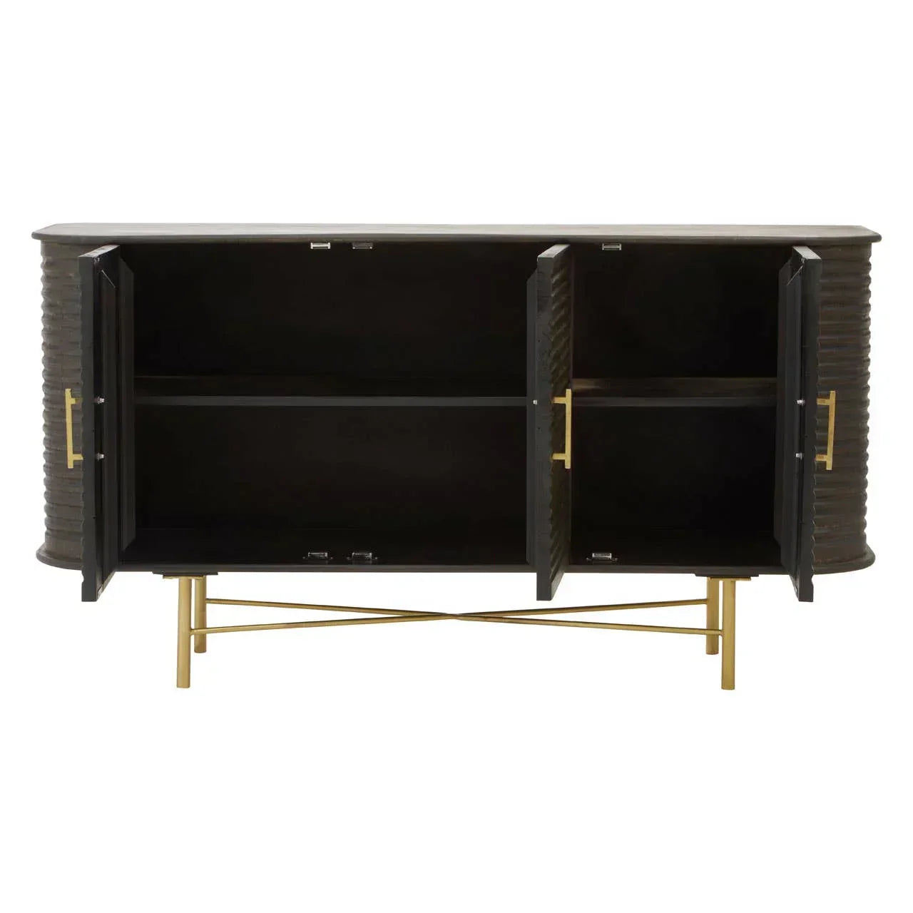 Black sideboard with gold legs and open ribbed doors showing interior storage shelves