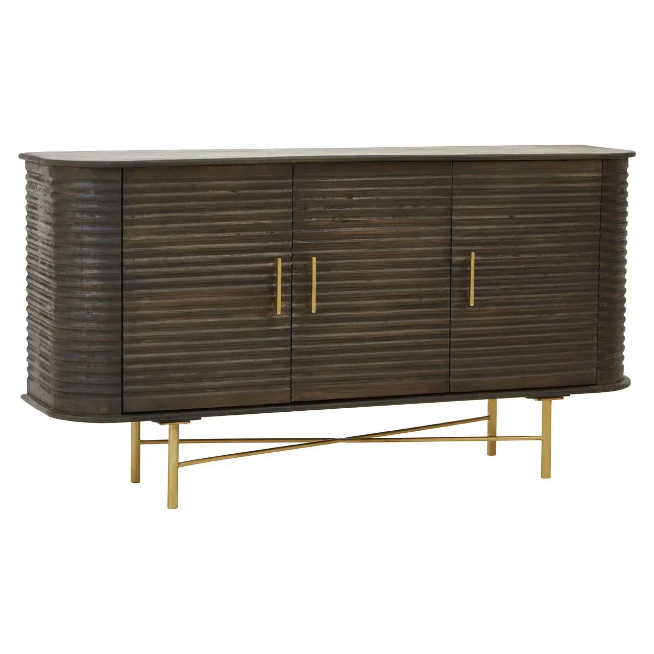 Dark wood sideboard with ribbed doors and gold metal legs, front angle view