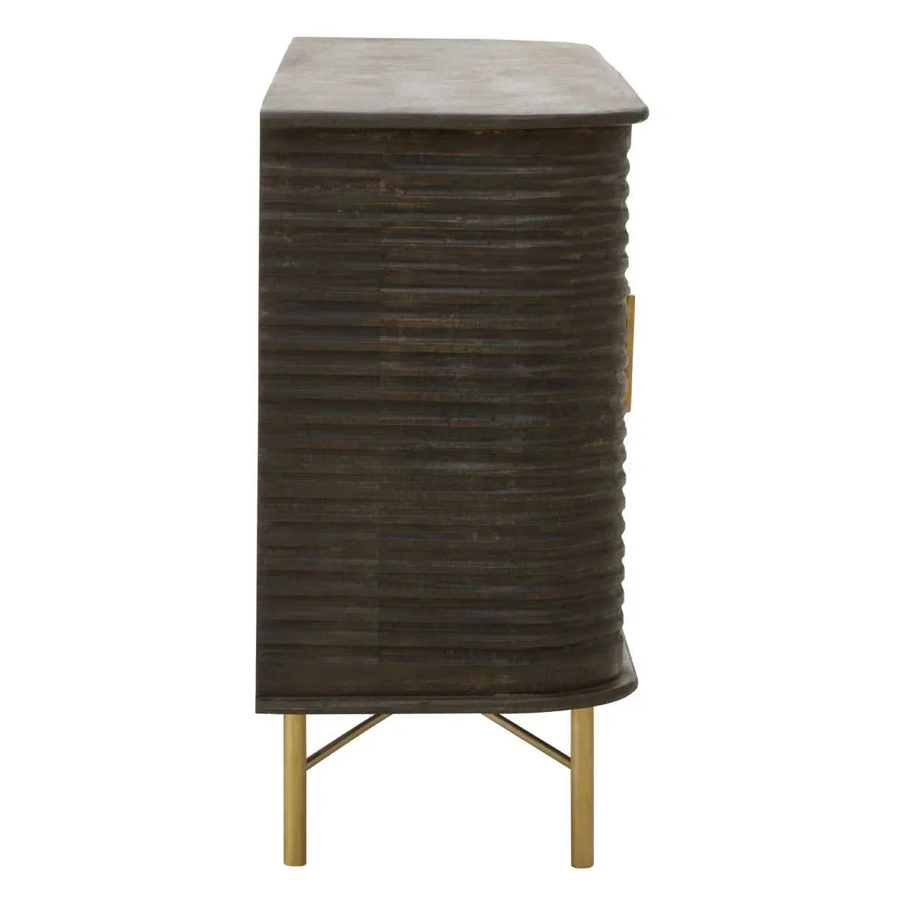 Side view of dark wood sideboard with ribbed texture and gold metal legs