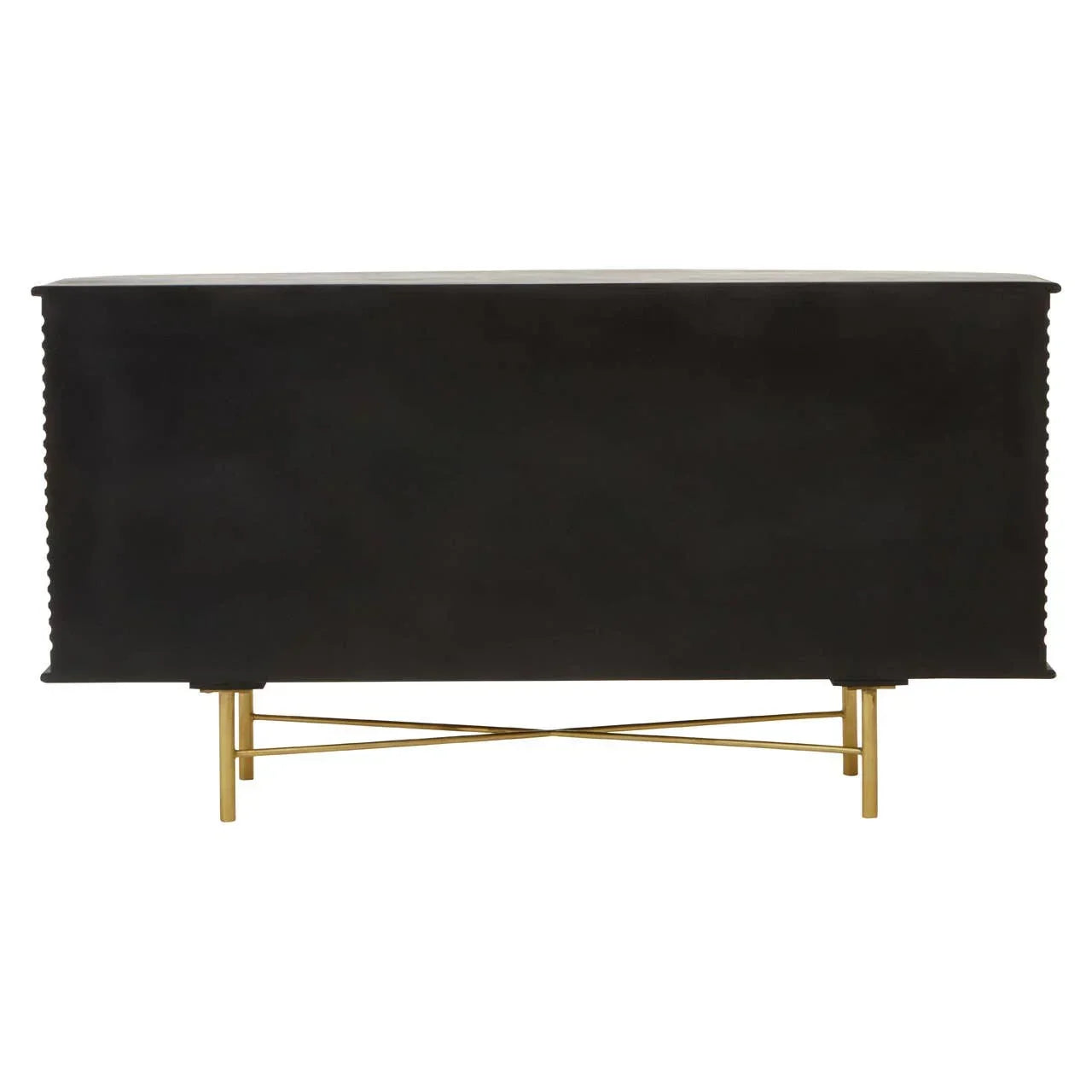 Black sideboard rear view with gold metal legs and ribbed side details