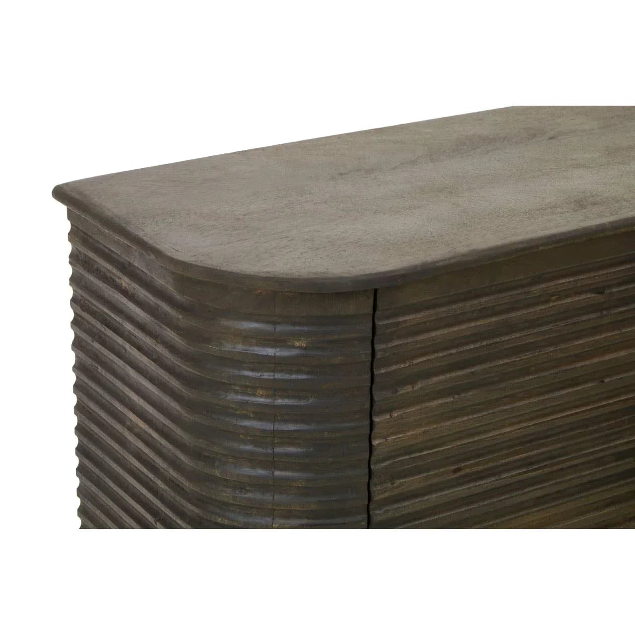 Textured wood sideboard with ribbed detailing and rounded corner in dark finish