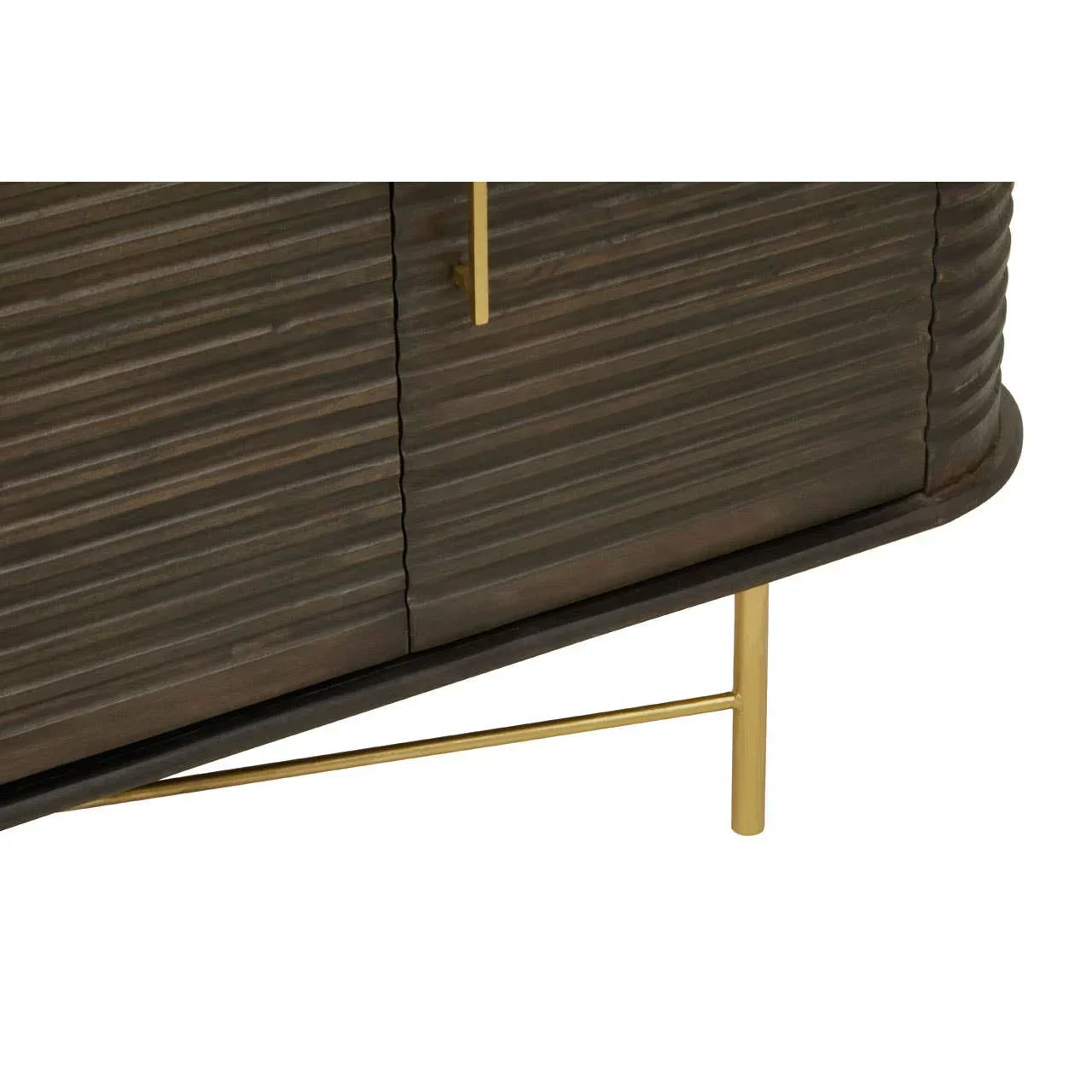 Textured wood sideboard with gold legs and handles, close-up of corner and finish