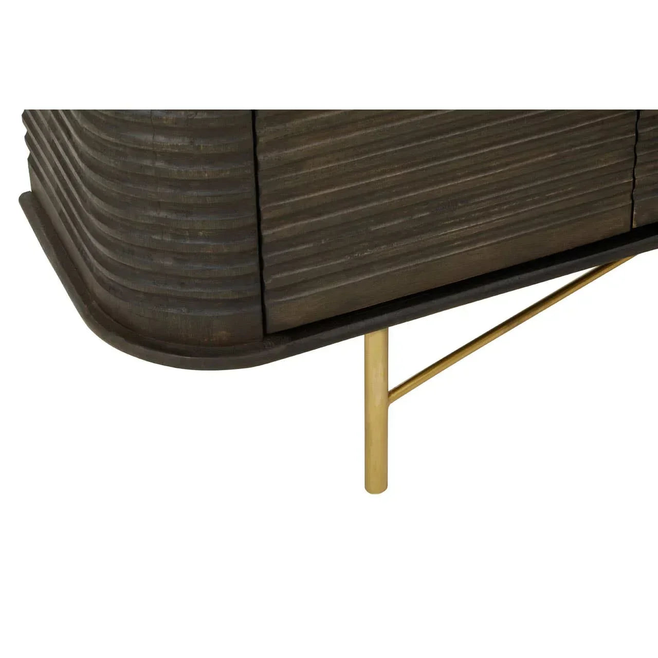 Textured dark wood sideboard corner with gold metal leg and horizontal groove detail