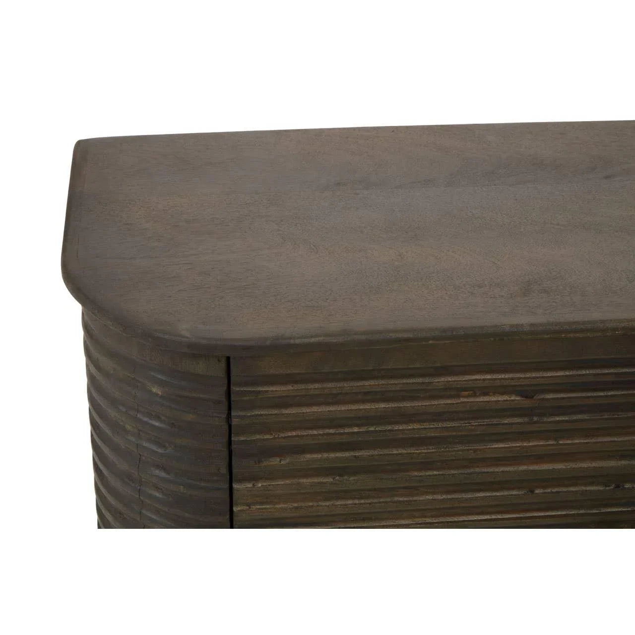 Close up of dark wood sideboard top and grooved panel detail