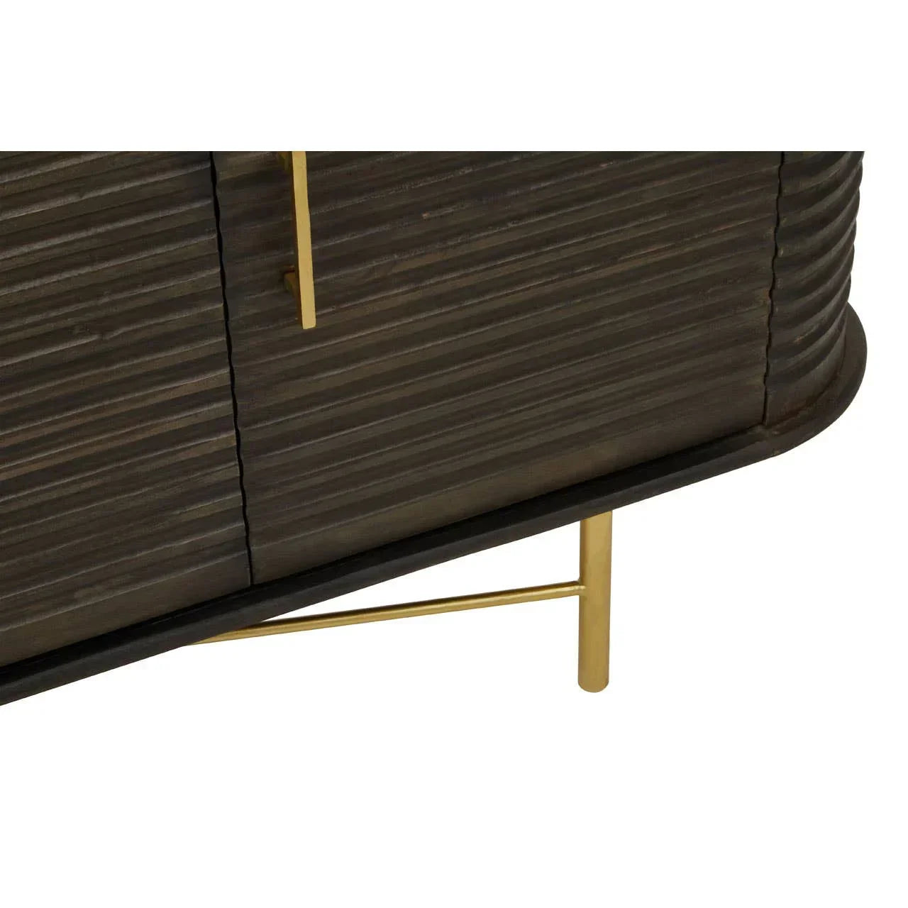 Dark wood sideboard cabinet with ribbed texture and gold metal legs