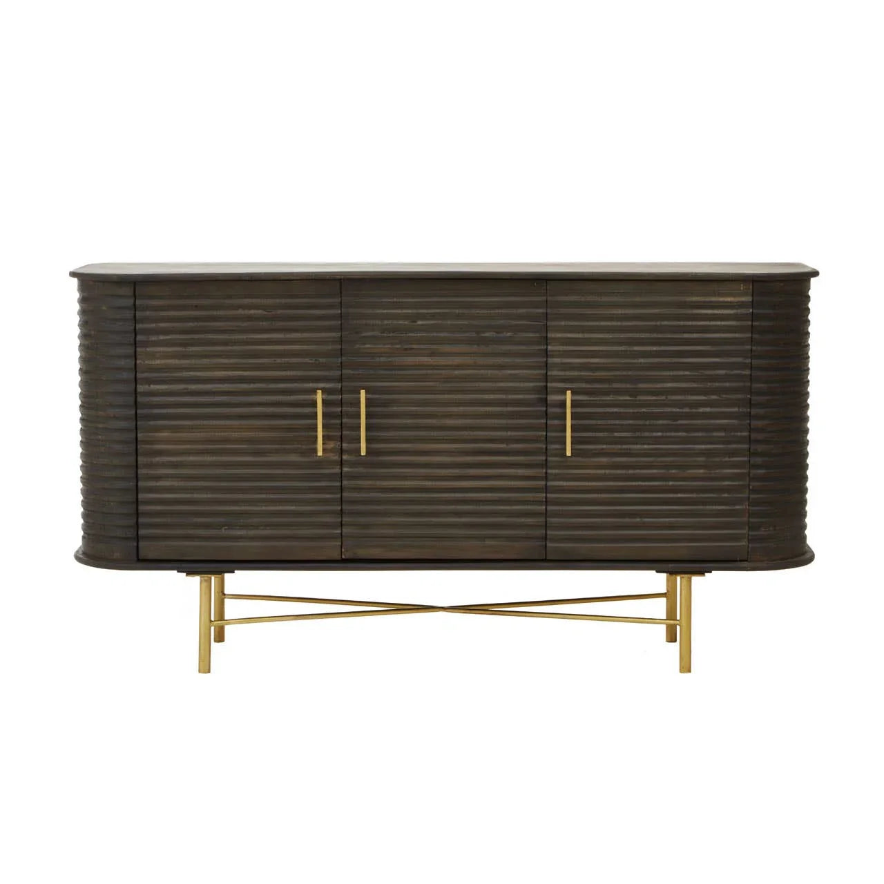 Rustic Mango Wood Sideboard with Fluted Detail and Brass Base