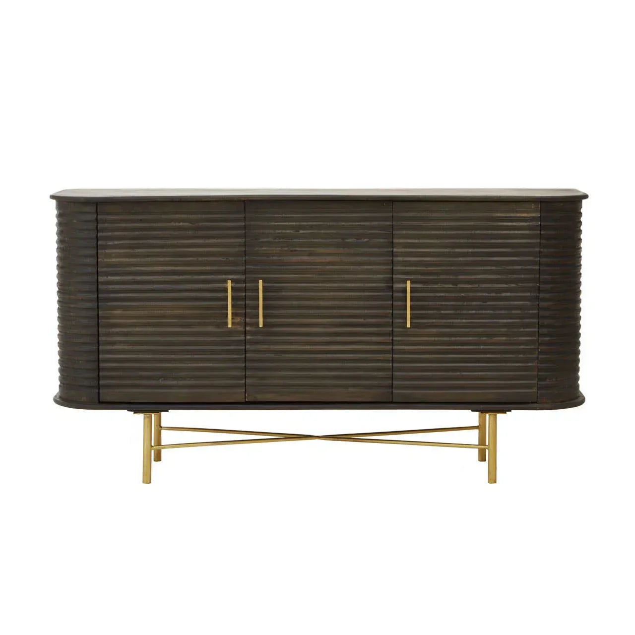 Dark wood sideboard with ribbed doors and gold metal legs, front view