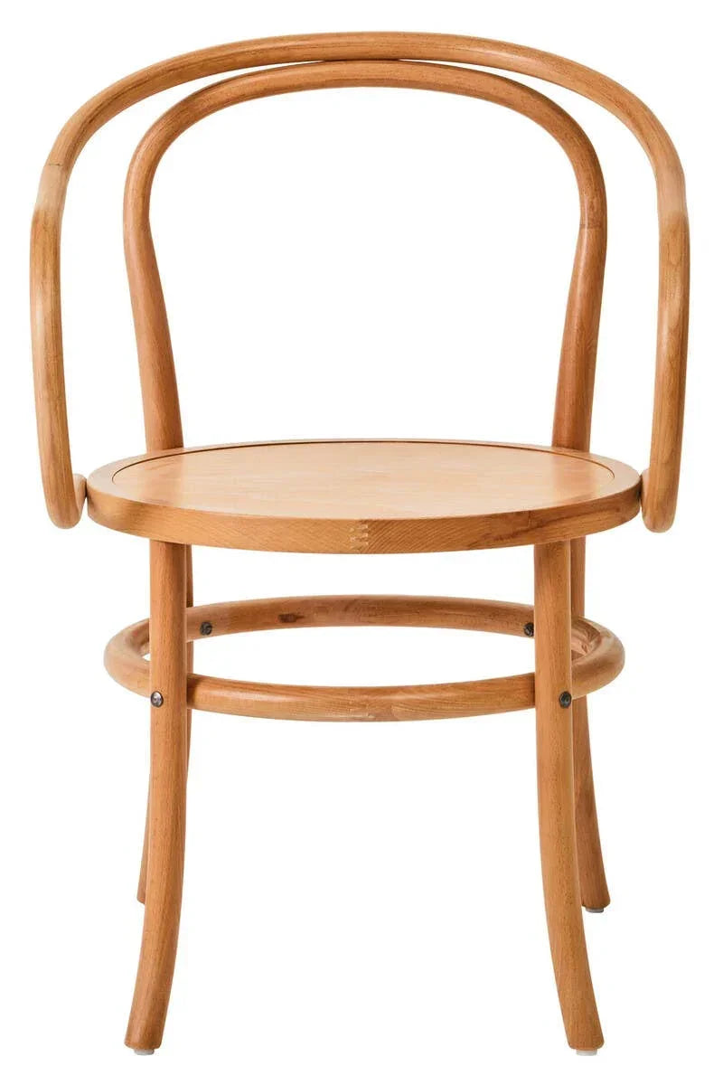 Natural wood dining chair with curved backrest and round seat, front facing view