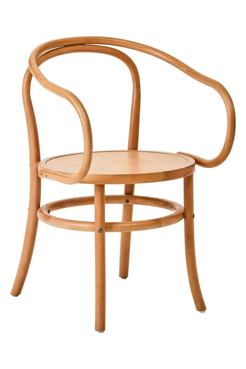 Bentwood dining chair with round seat and curved arms in natural wood finish