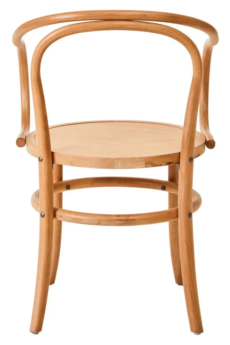 Curved back wooden dining chair with natural finish and round seat, rear view