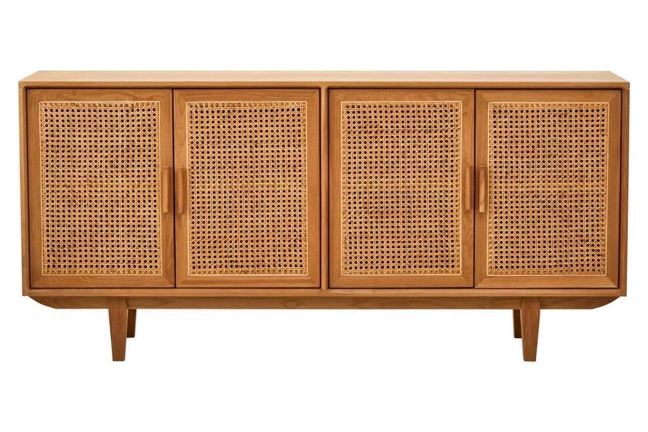 Wooden sideboard with rattan doors and angled legs, front view