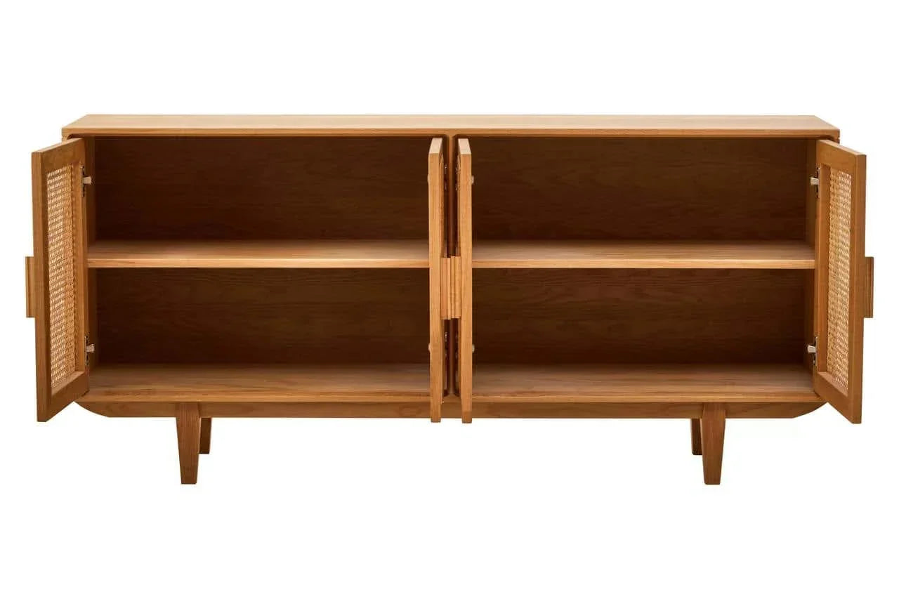 Oak sideboard with rattan doors open, two shelves and wooden legs, front view