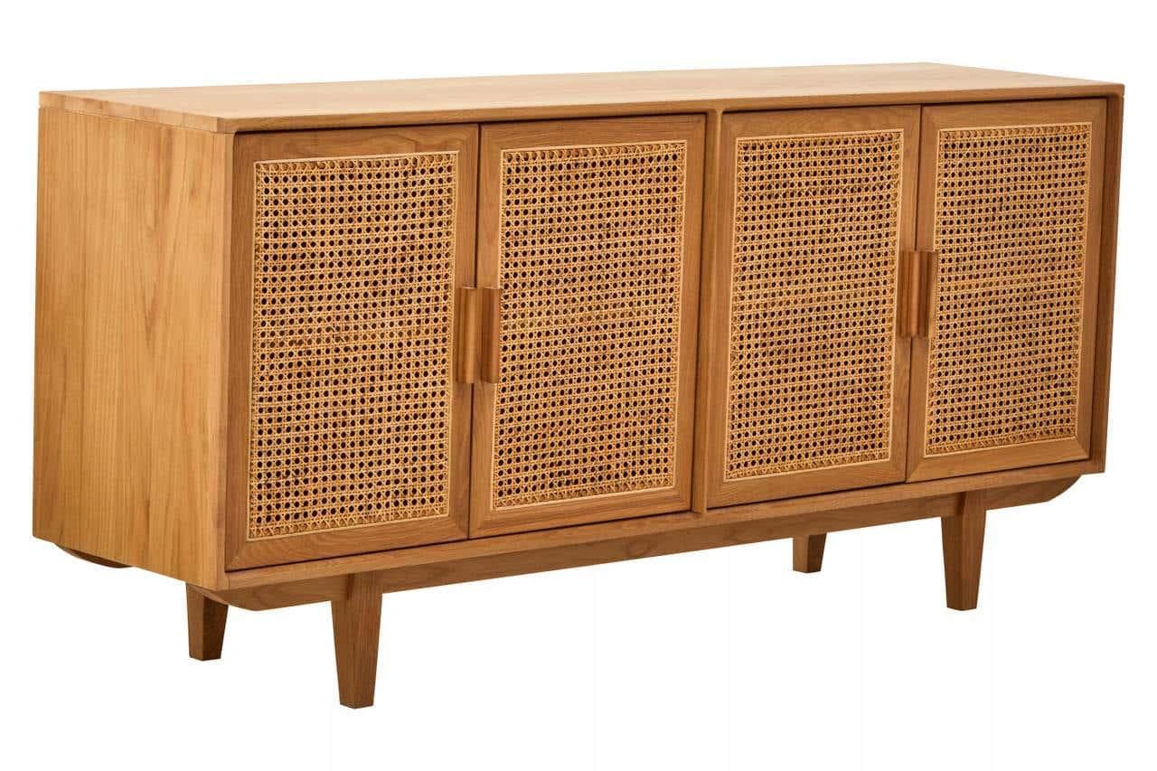 Wooden sideboard with four cane doors and angled legs, natural finish furniture