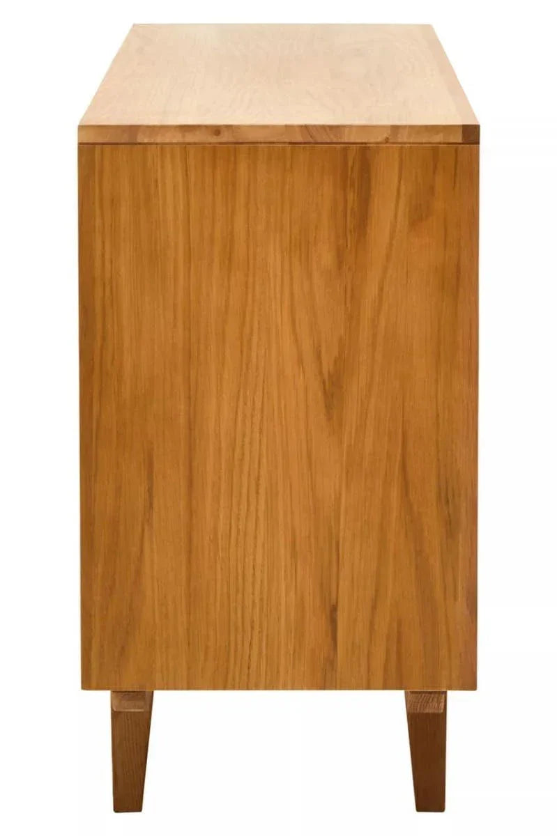 Side view of oak sideboard with natural wood grain and tapered legs