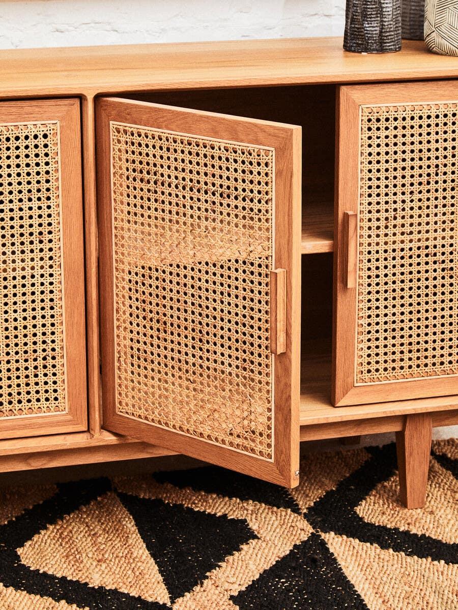 Lyon 4 Door Natural Rattan And Oak Sideboard - Elegant Storage Solution