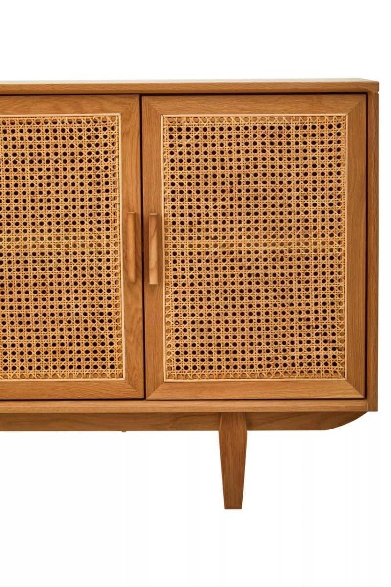 Wood sideboard with natural cane rattan doors and wooden handles, mid-century modern style