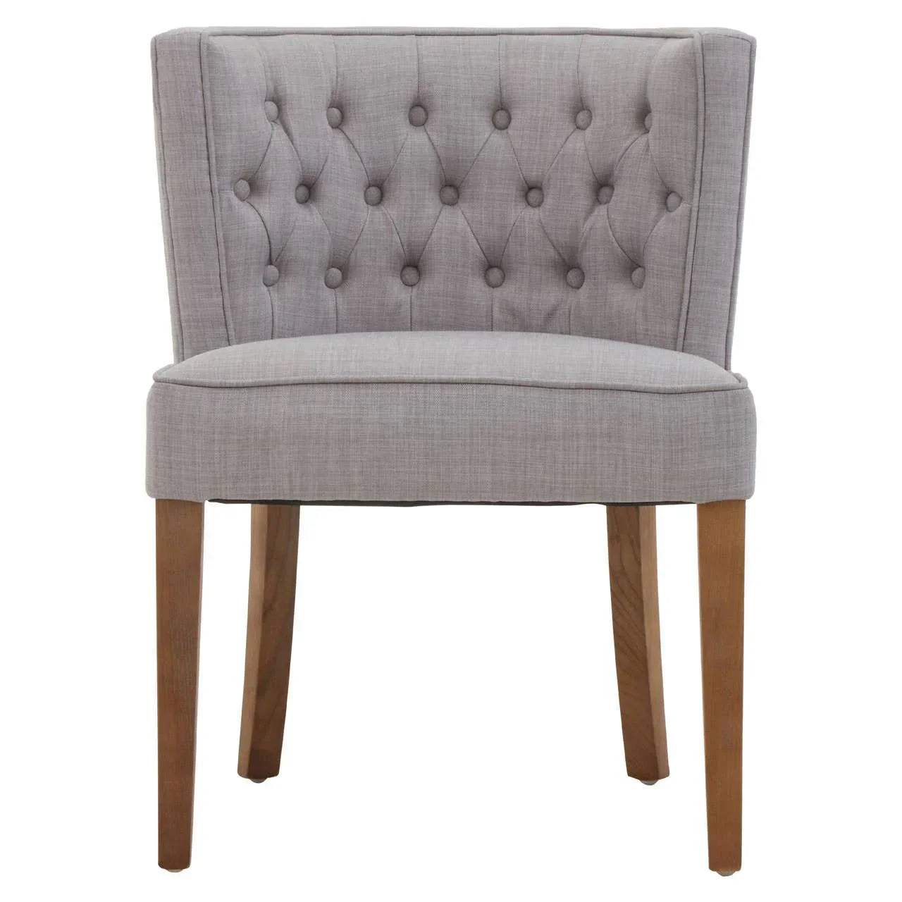 Grey upholstered accent chair with button-tufted back and wooden legs, front view