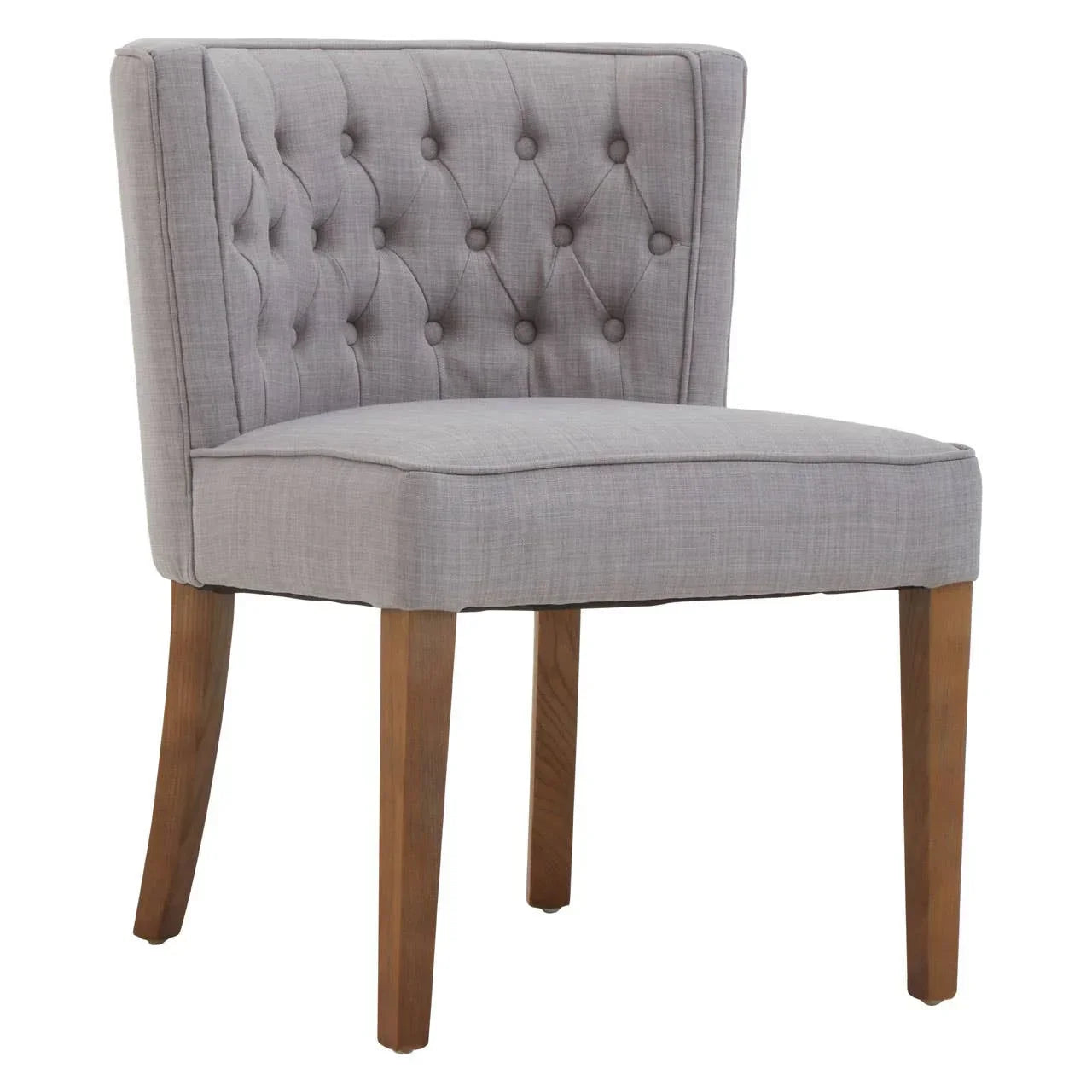 Light grey upholstered dining chair with button-tufted back and wooden legs