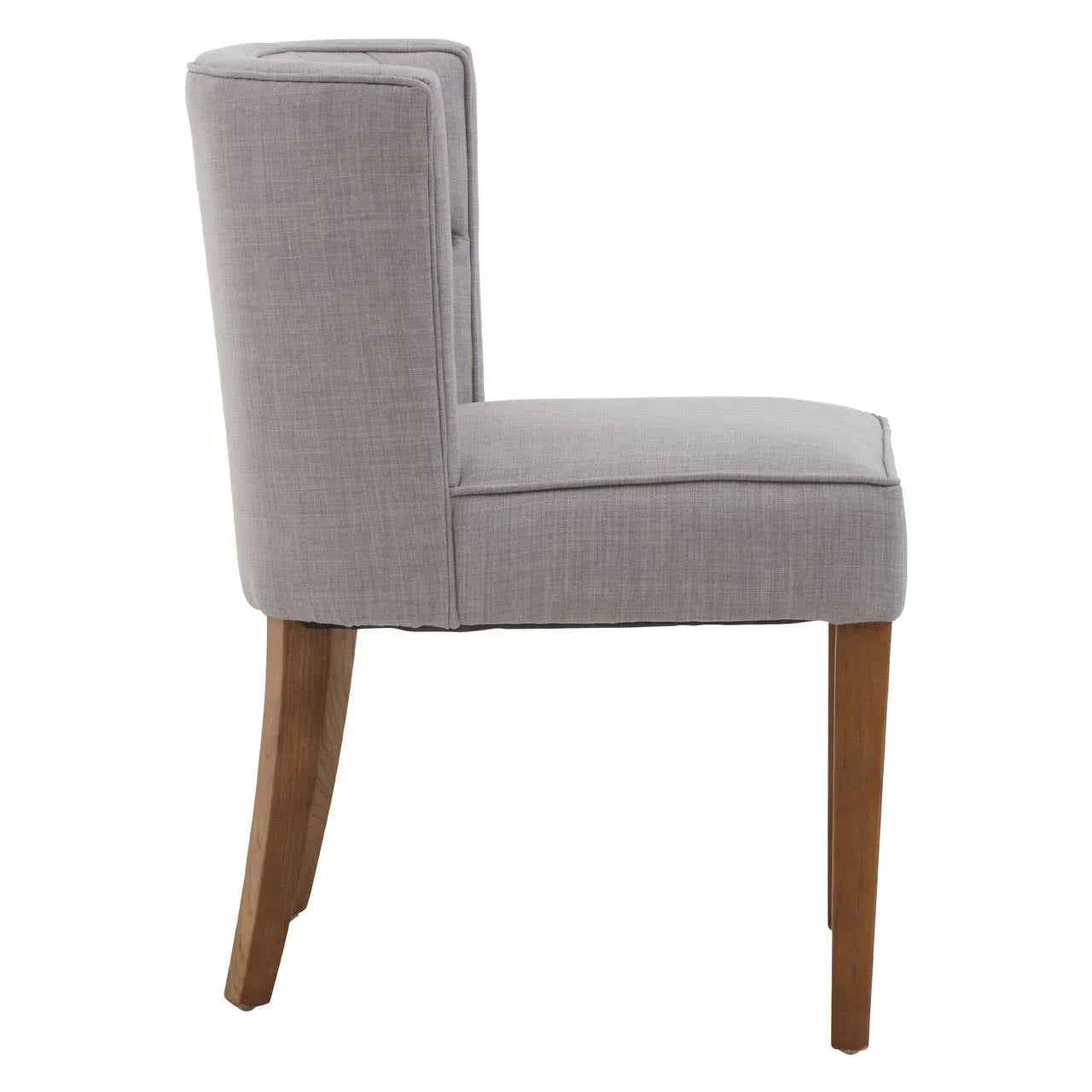 Light grey upholstered dining chair with wooden legs, side profile view