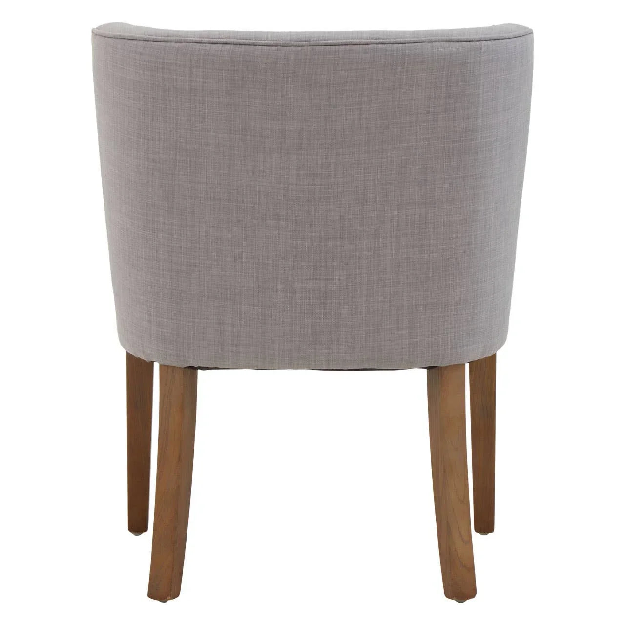 Back view of grey upholstered dining chair with curved back and wooden legs
