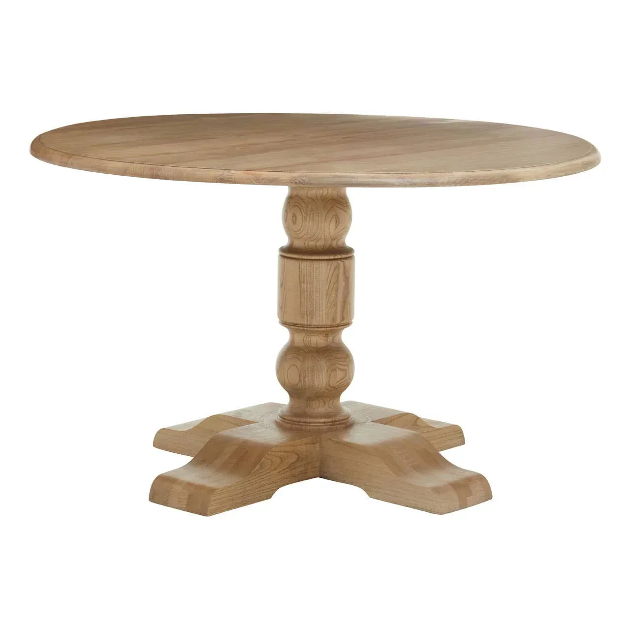 Round oak dining table with pedestal base and natural wood finish