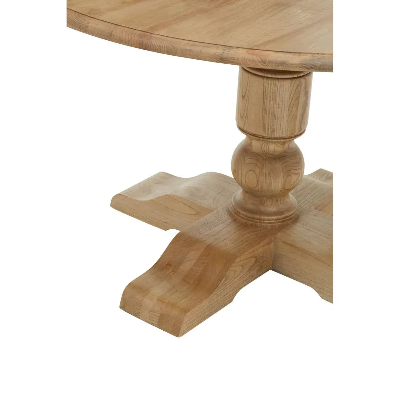 Solid wood dining table pedestal base with natural finish and curved legs