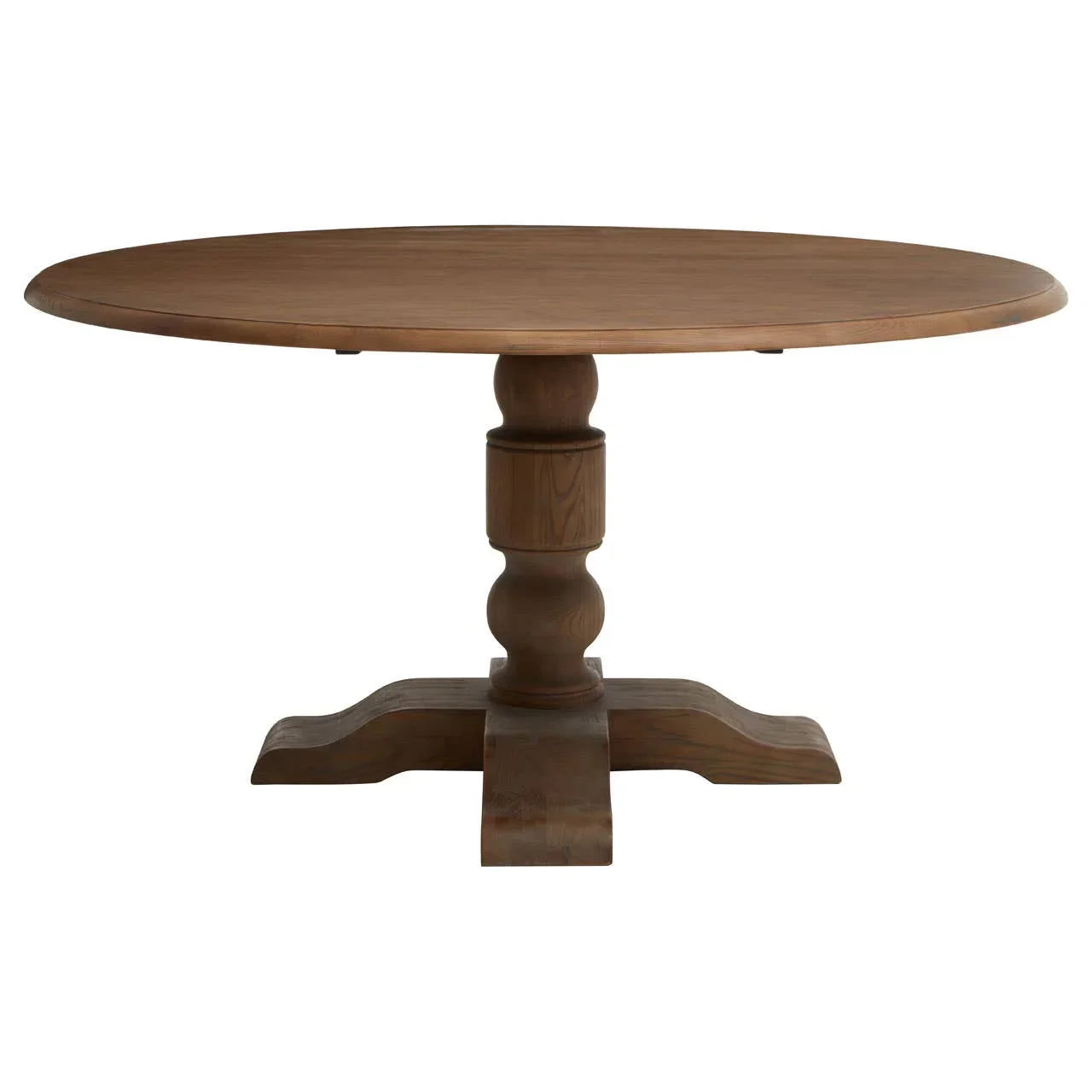 Round wooden dining table with central pedestal base and natural finish