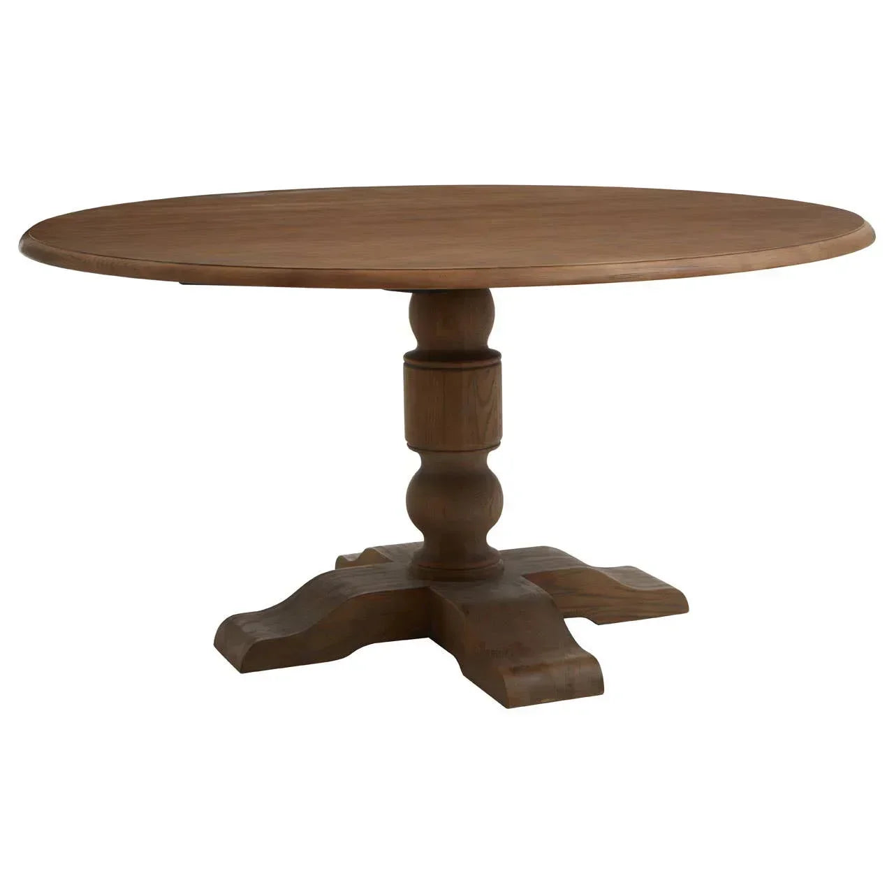 Round wooden dining table with pedestal base and natural finish