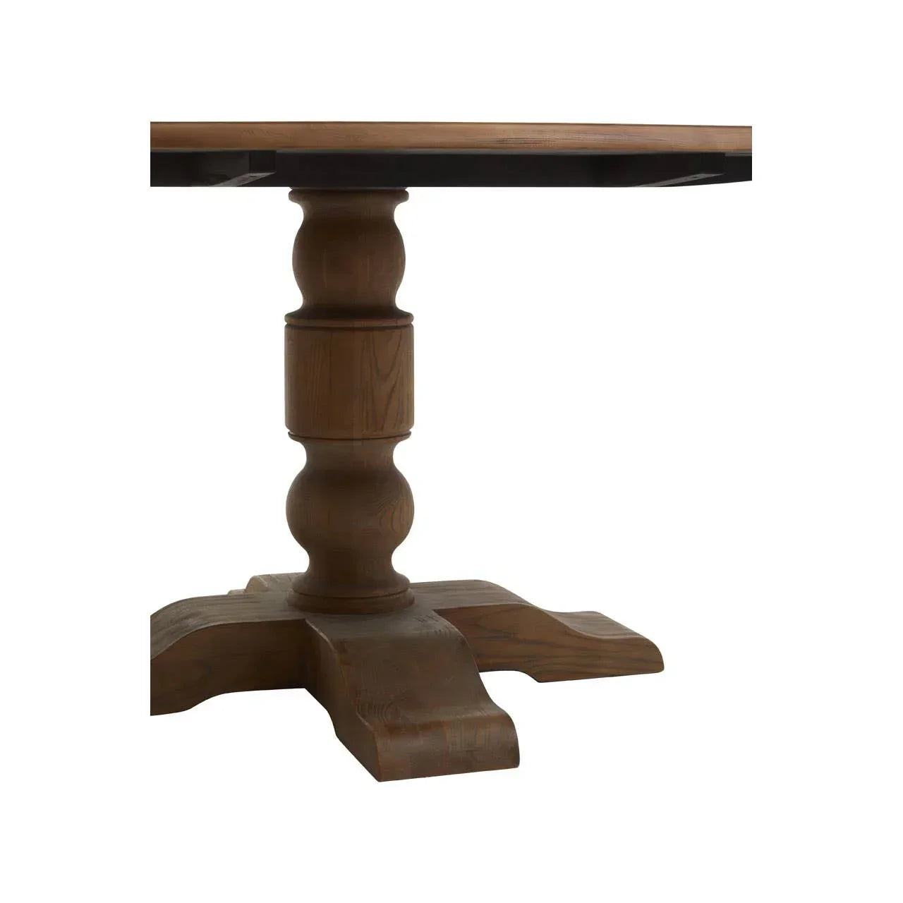 Wooden dining table base with carved pedestal and curved legs, close-up side view