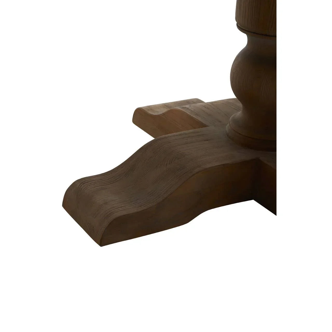 Dark wood dining table base with curved pedestal leg detail