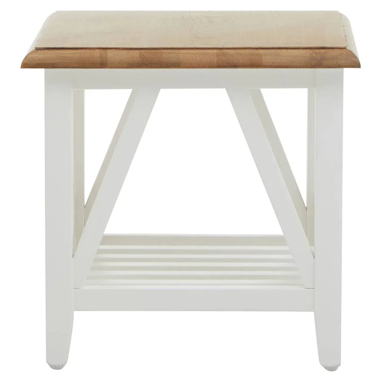 Wooden side table with white frame and natural oak top, slatted lower shelf, front view