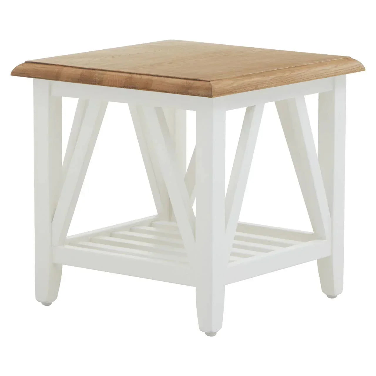 White wooden side table with oak top and lower slatted shelf, angled front view