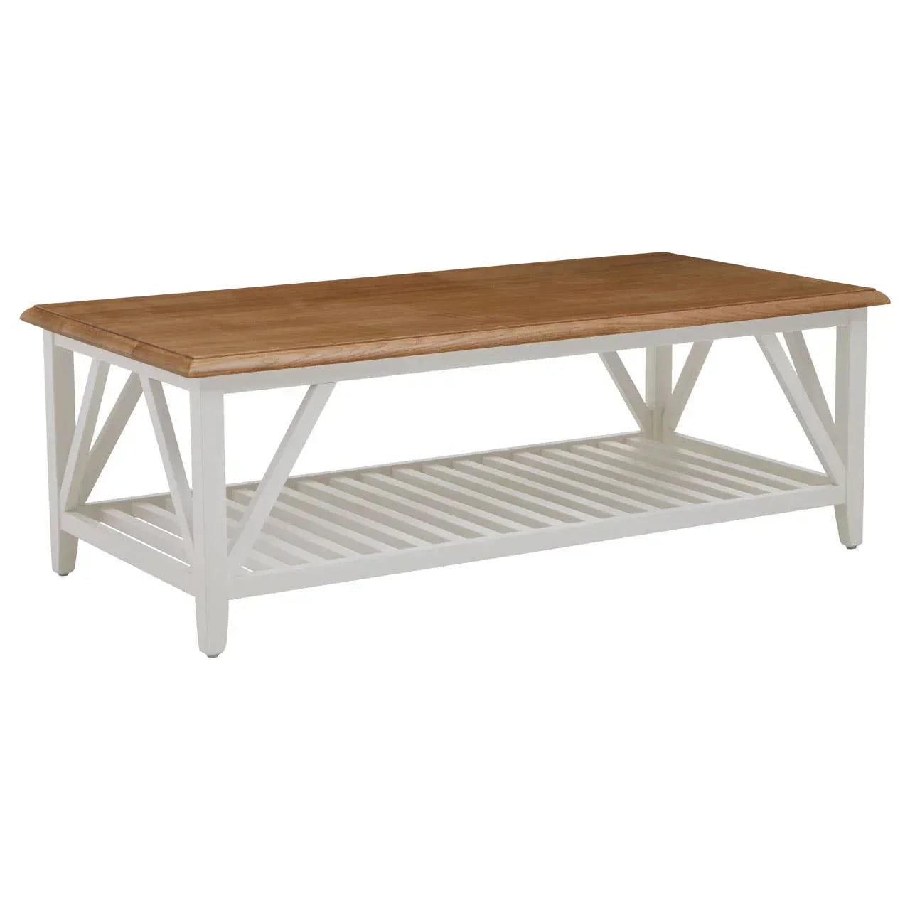 Rectangular coffee table with oak top, white wooden frame and lower slatted storage shelf
