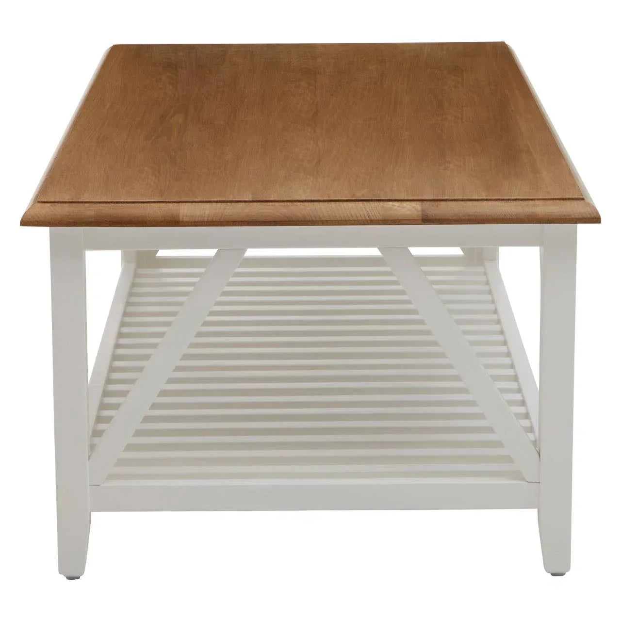 Wooden coffee table with white slatted shelf and natural oak top, front view