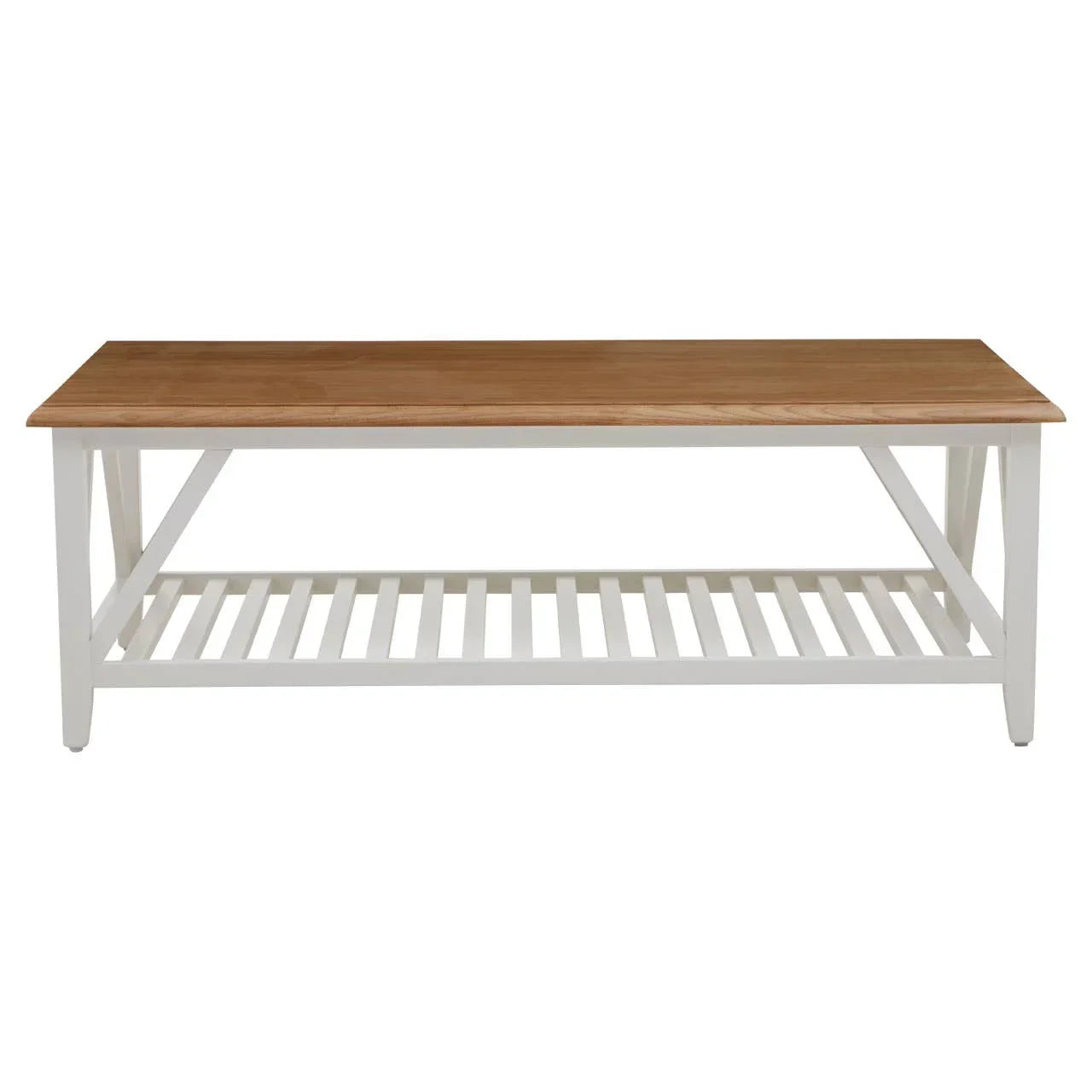 Wood coffee table with white slatted shelf and natural finish top, front view