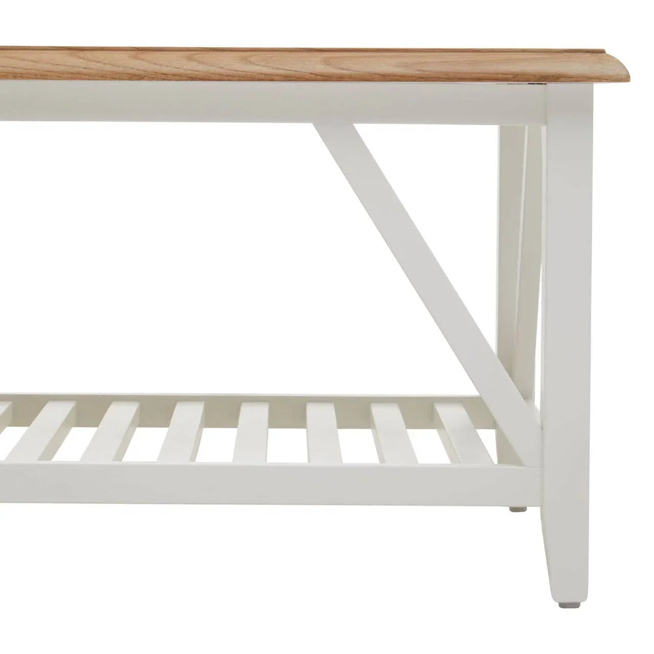White wooden bench with slatted shelf and light oak seat, side angle view