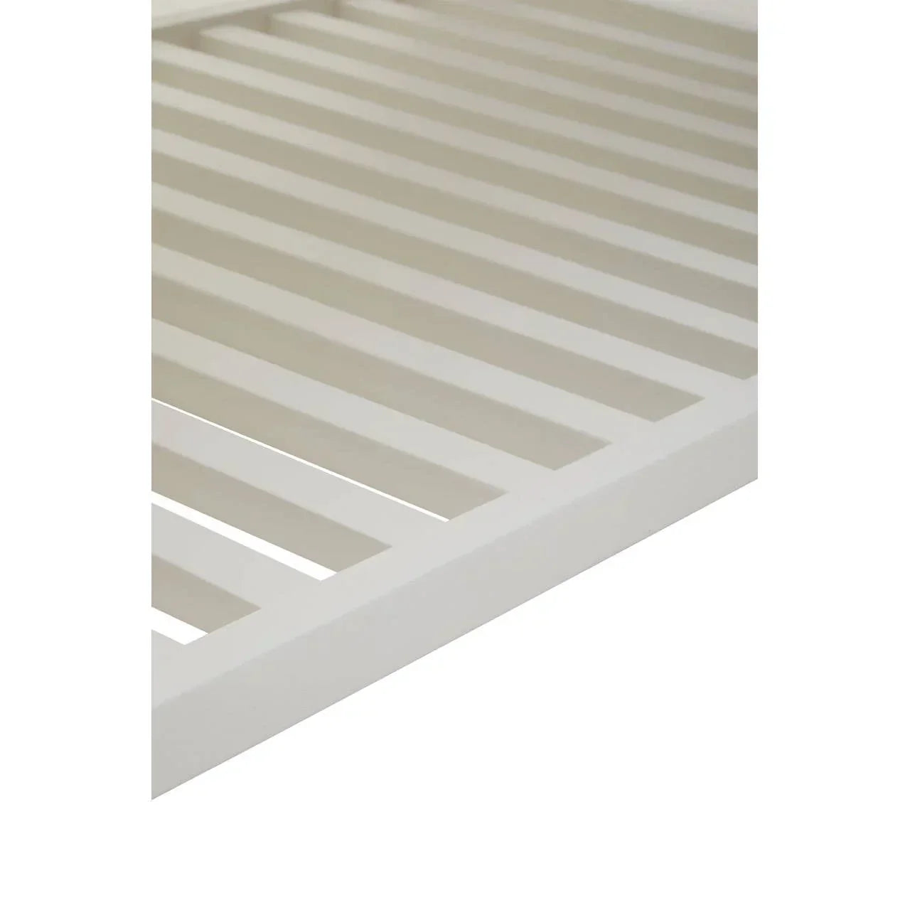 White wooden bed slats in close-up view showing sturdy frame and spaced support rails