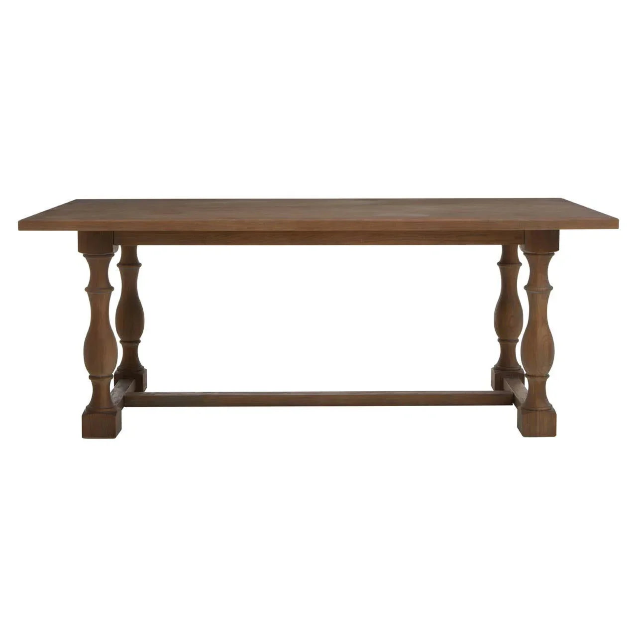 Rectangular wooden dining table with turned legs and stretcher base