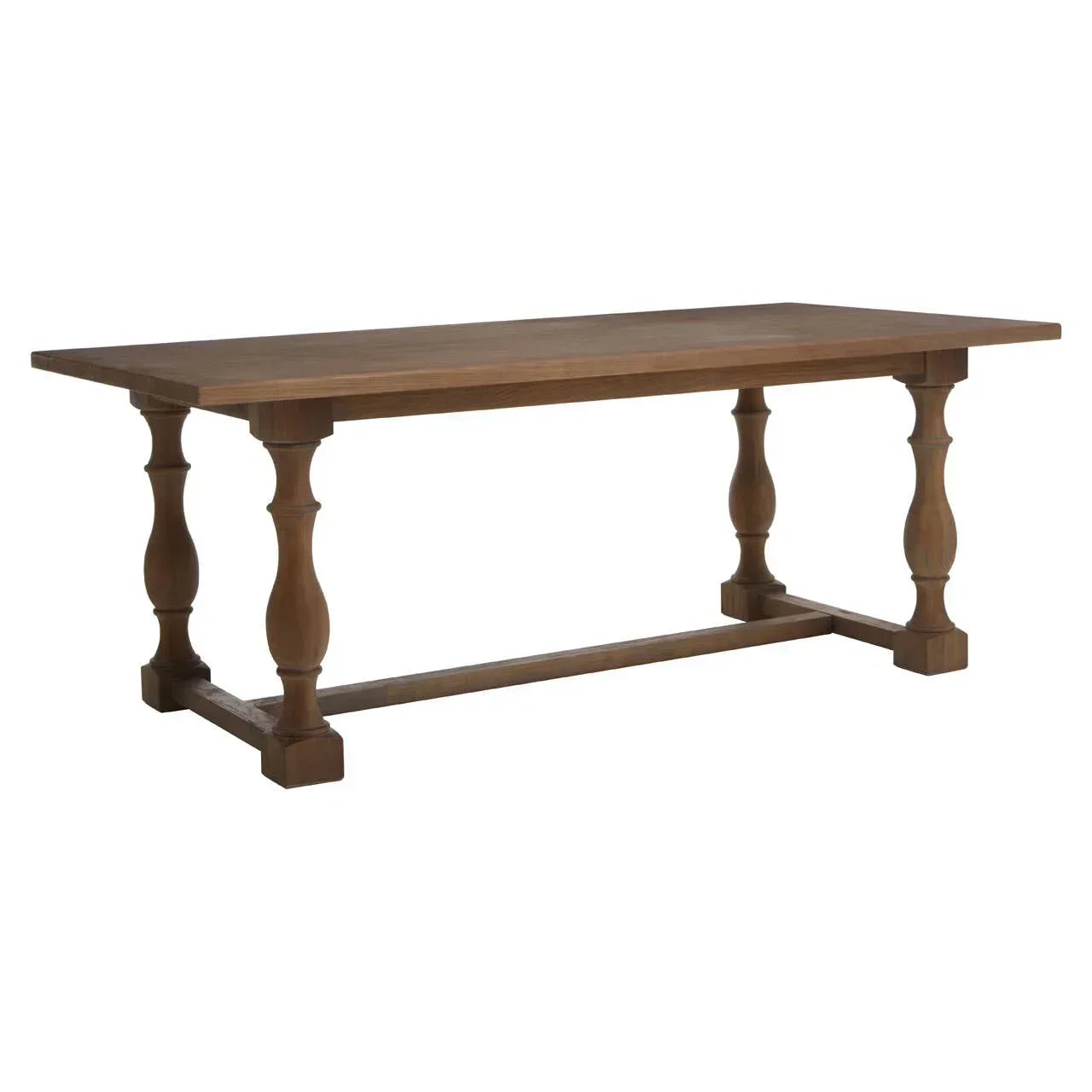 Solid wood dining table with rectangular top and carved legs, side angle view