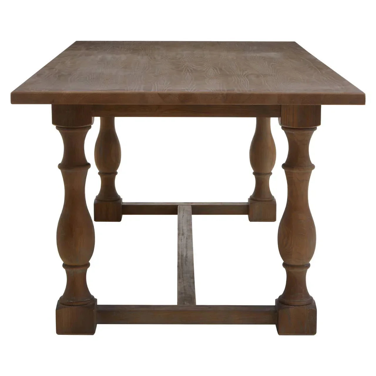Solid wood dining table with turned legs, front view, rustic finish