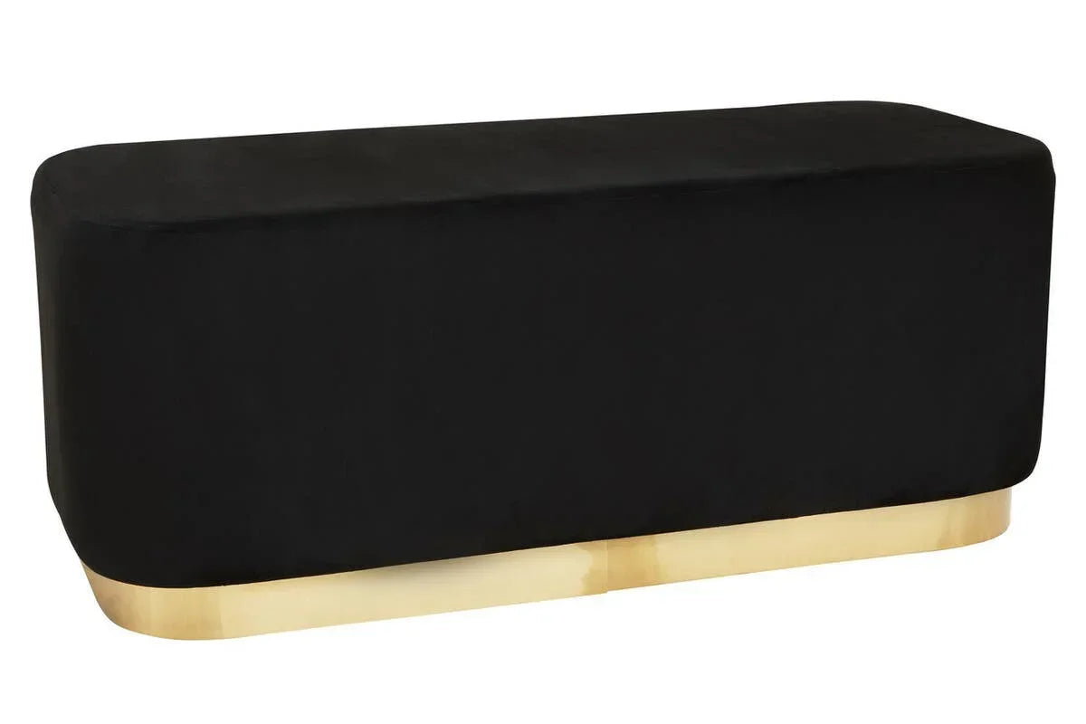 Black velvet ottoman bench with gold base and rectangular shape