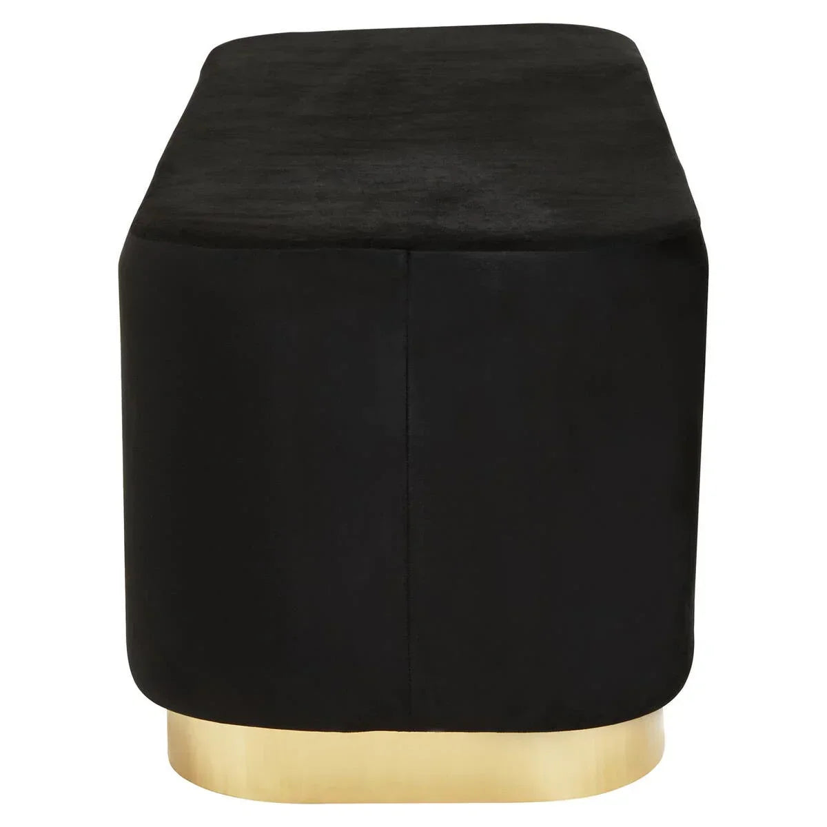 Black velvet ottoman bench with rounded corners and gold metal base, side view
