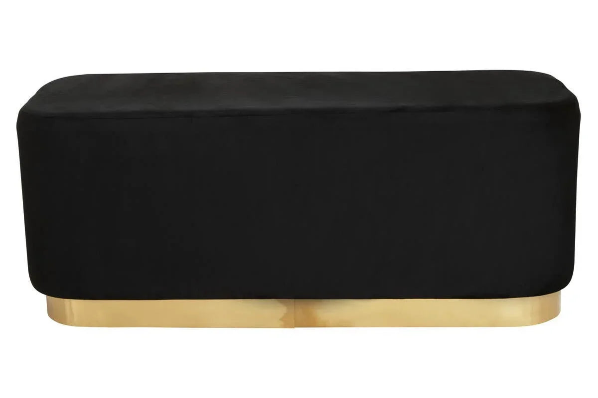 Black velvet ottoman bench with gold metal base, front view